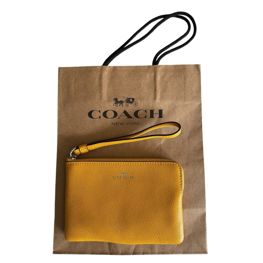 Coach Yellow Corner Zip Wristlet Leather Wallet w/ Wrist Strap